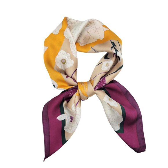 ✨Luxury Women Silky Satin Scarf Bandana Yellow Purple Color Block Floral Soft✨ - Picture 2 of 5